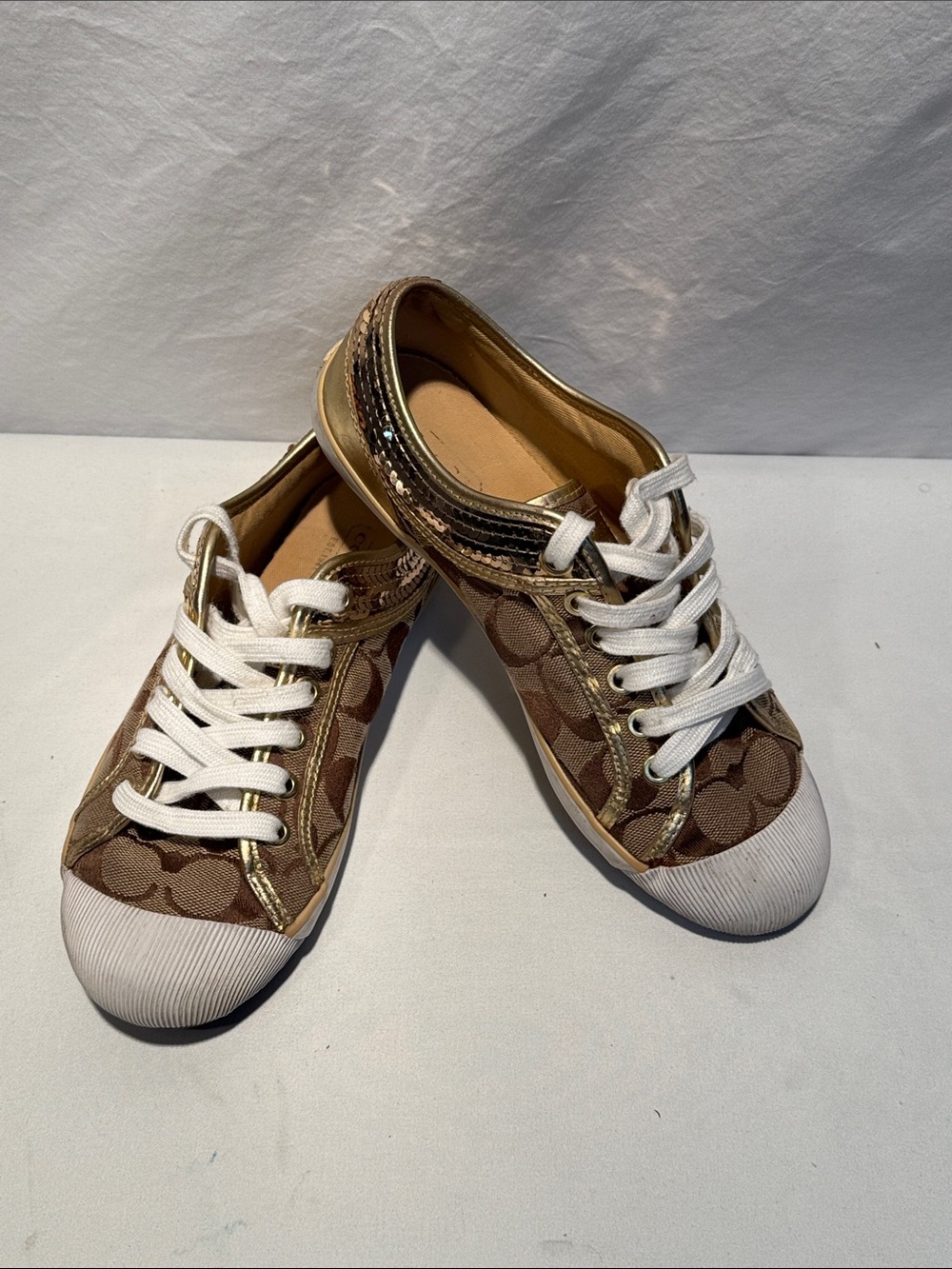 Coach Brown Signature Canvas Sneakers with White Toe and Gold Accents